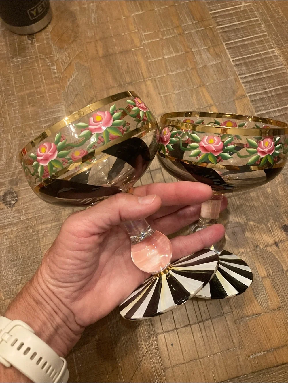 Mackenzie Childs Hand-Painted Floral and Black-White Coupe Glasses Set of 2